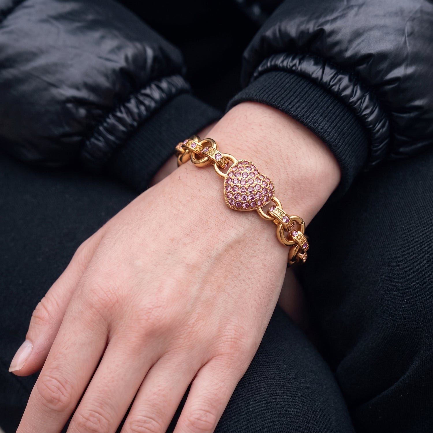 Gold Crystal Heart Charm Belcher Bracelet
