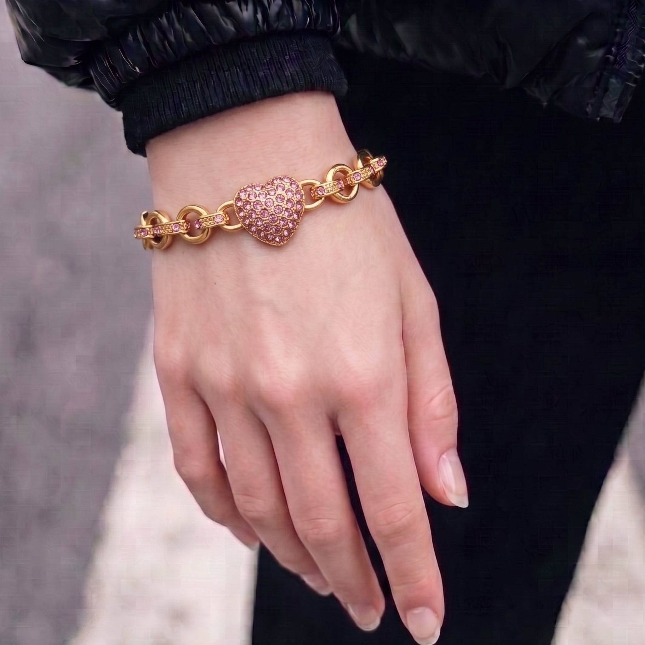 Gold Crystal Heart Charm Belcher Bracelet