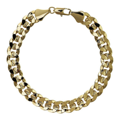 Gold Cuban curb bracelet, 9mm wide, 6/8/9 inches long, gold-filled.