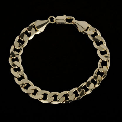 9mm wide golden Cuban curb bracelet, available in three lengths, gold-filled finish.