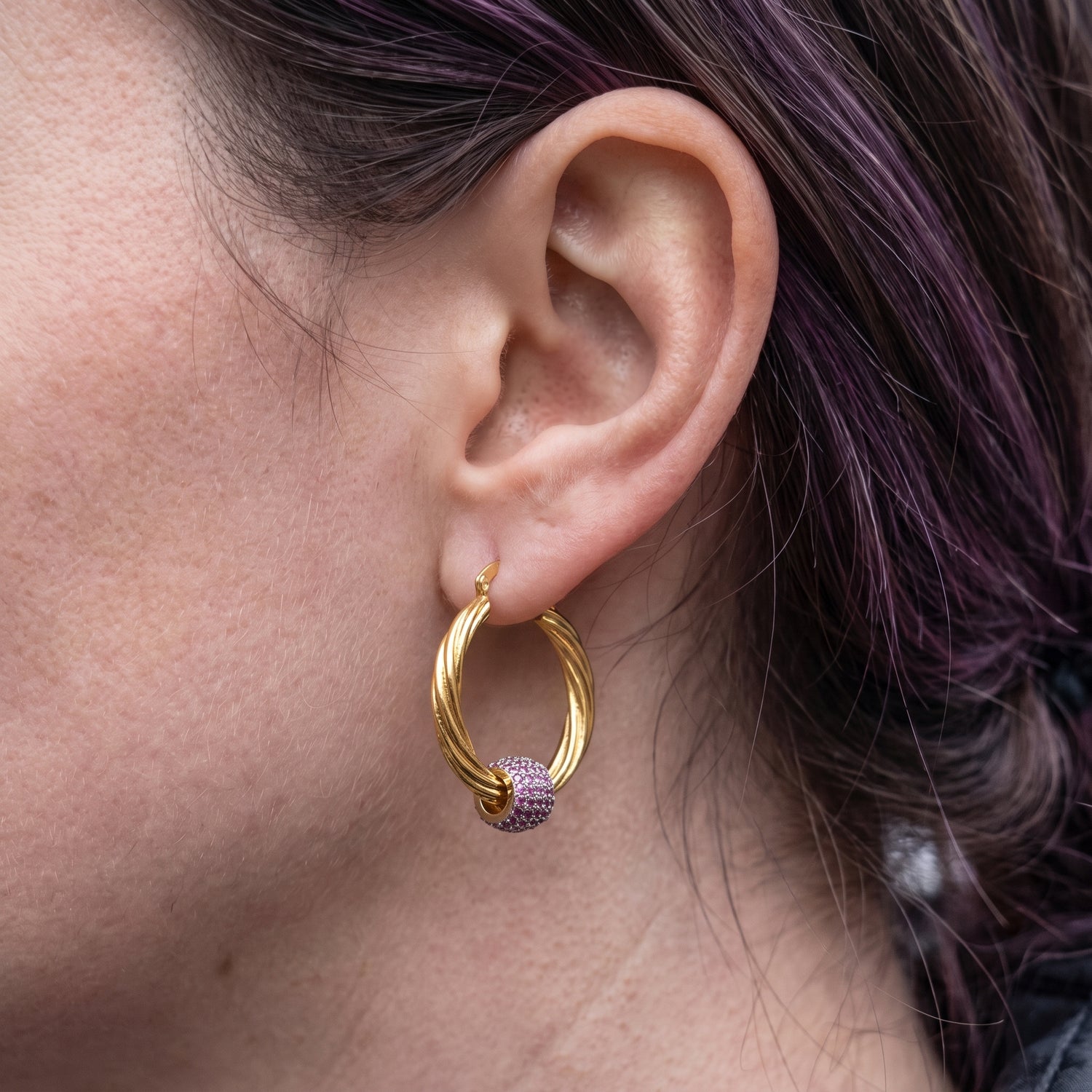 Gold Pink Disco Ball Hoop Earrings