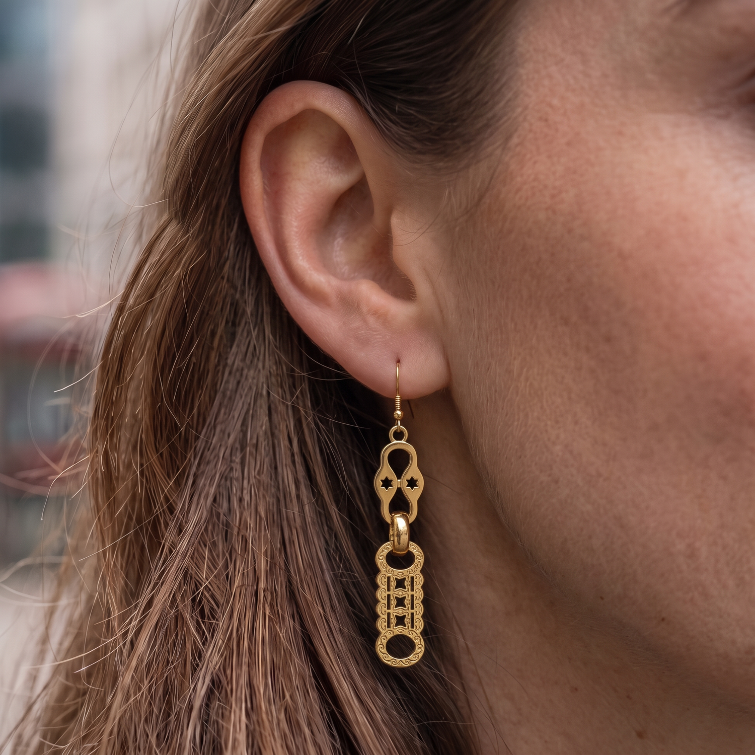 Gold Stars and Bars Dangle Drop Earrings
