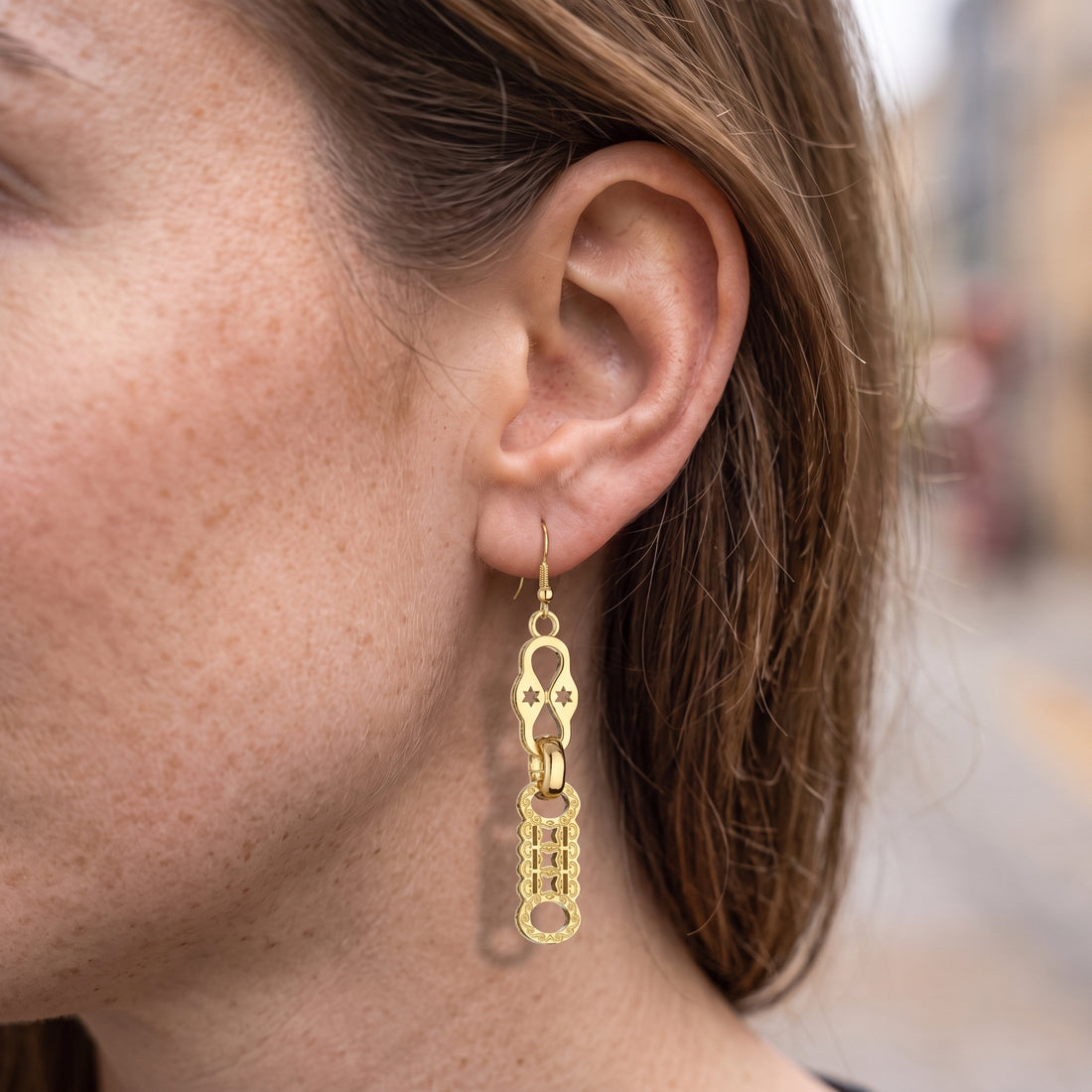 Gold Stars and Bars Dangle Drop Earrings