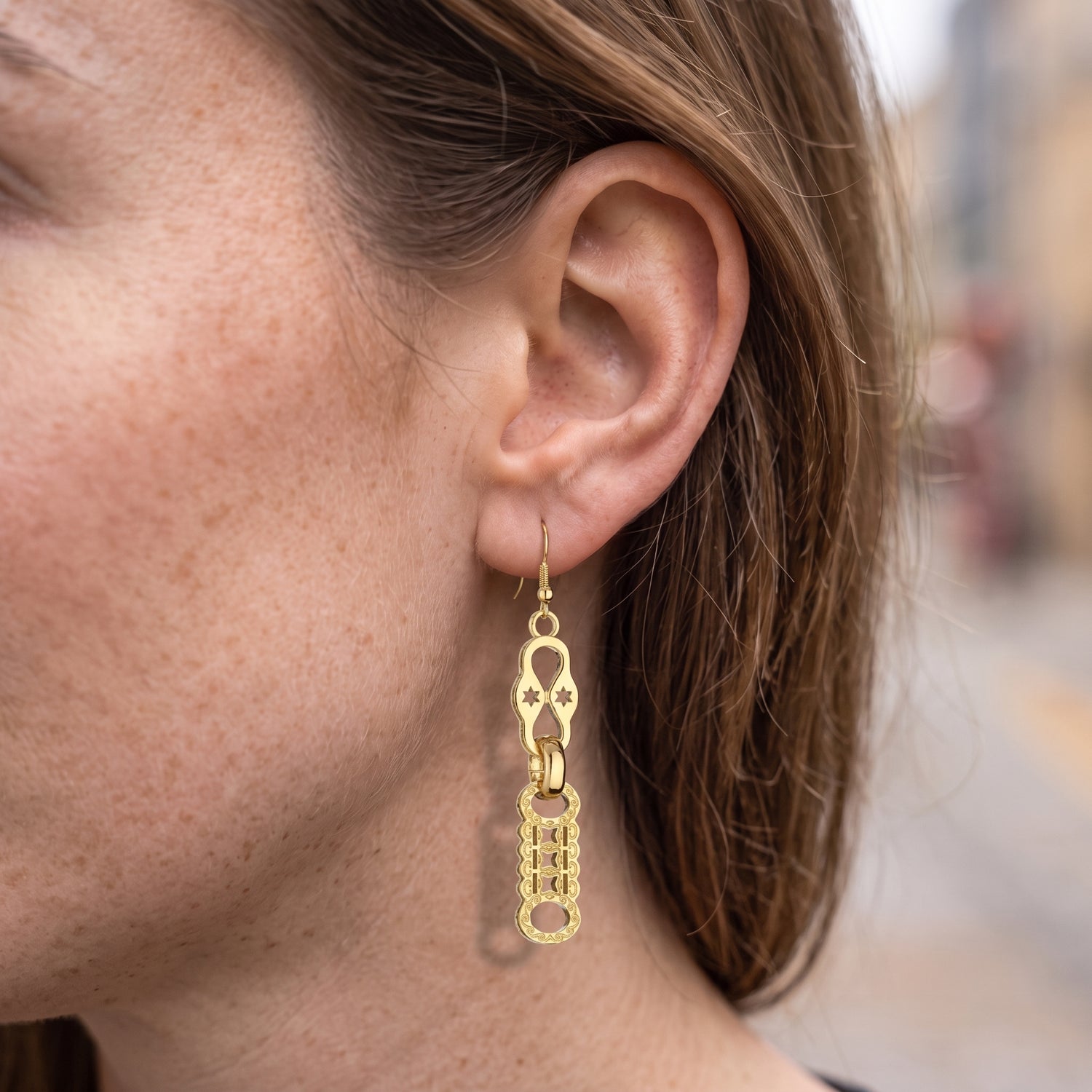 Gold Stars and Bars Dangle Drop Earrings