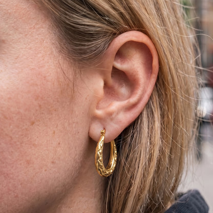 Gold Diamond-Cut Oval Creole Hoop Earrings 25mm