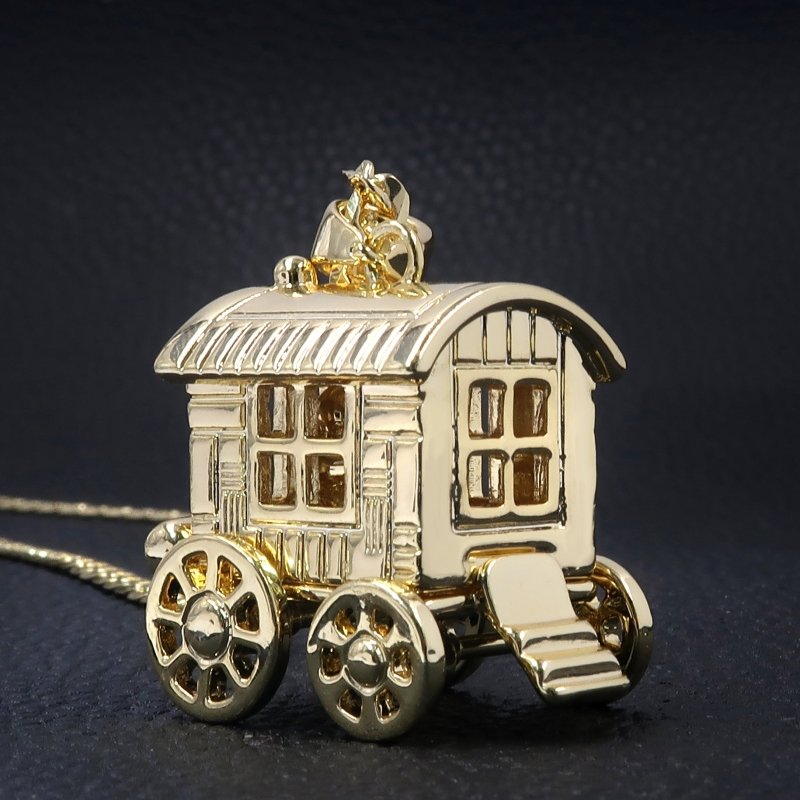 New Gold Gypsy Wagon Caravan Pendant 20 Inch 4mm Cuban Chain