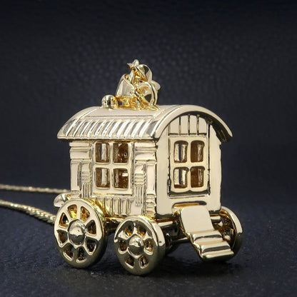 New Gold Gypsy Wagon Caravan Pendant 20 Inch 4mm Cuban Chain