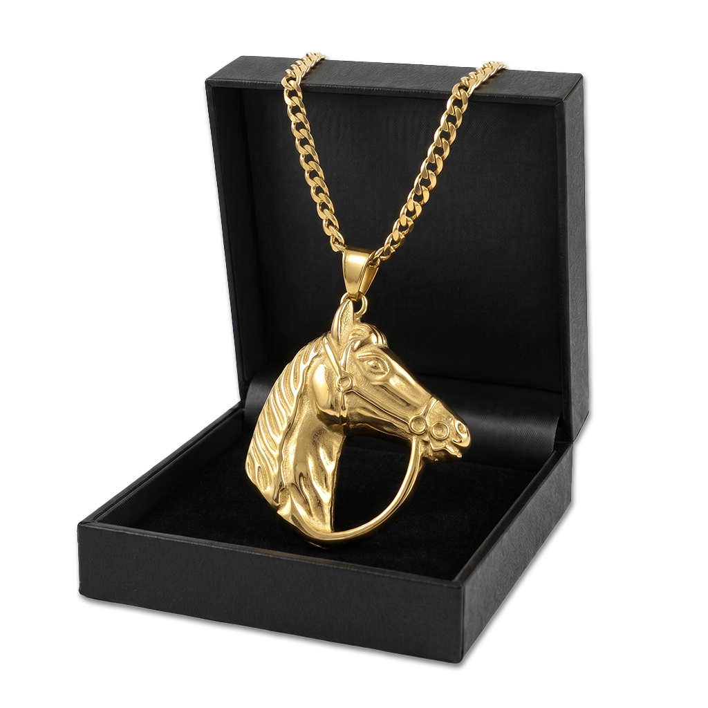 Gold Horse Head Pendant Necklace 24 Inches