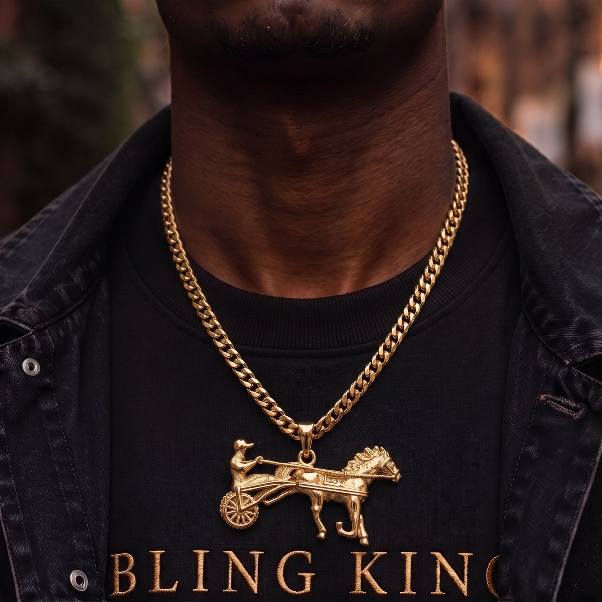 Gold Sulky Gypsy Horse Racing 3D Pendant (Chain Not Included)