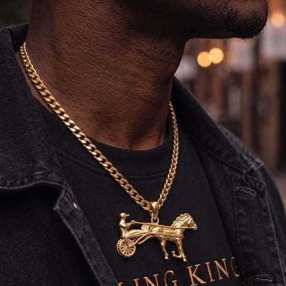 Gold Sulky Gypsy Horse Racing 3D Pendant (Chain Not Included)
