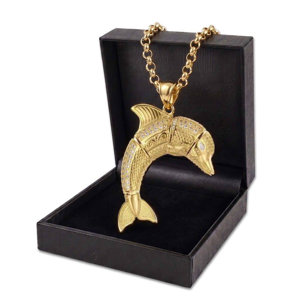 New Gold Dolphin Pendant with Stones on 24-Inch Belcher Chain