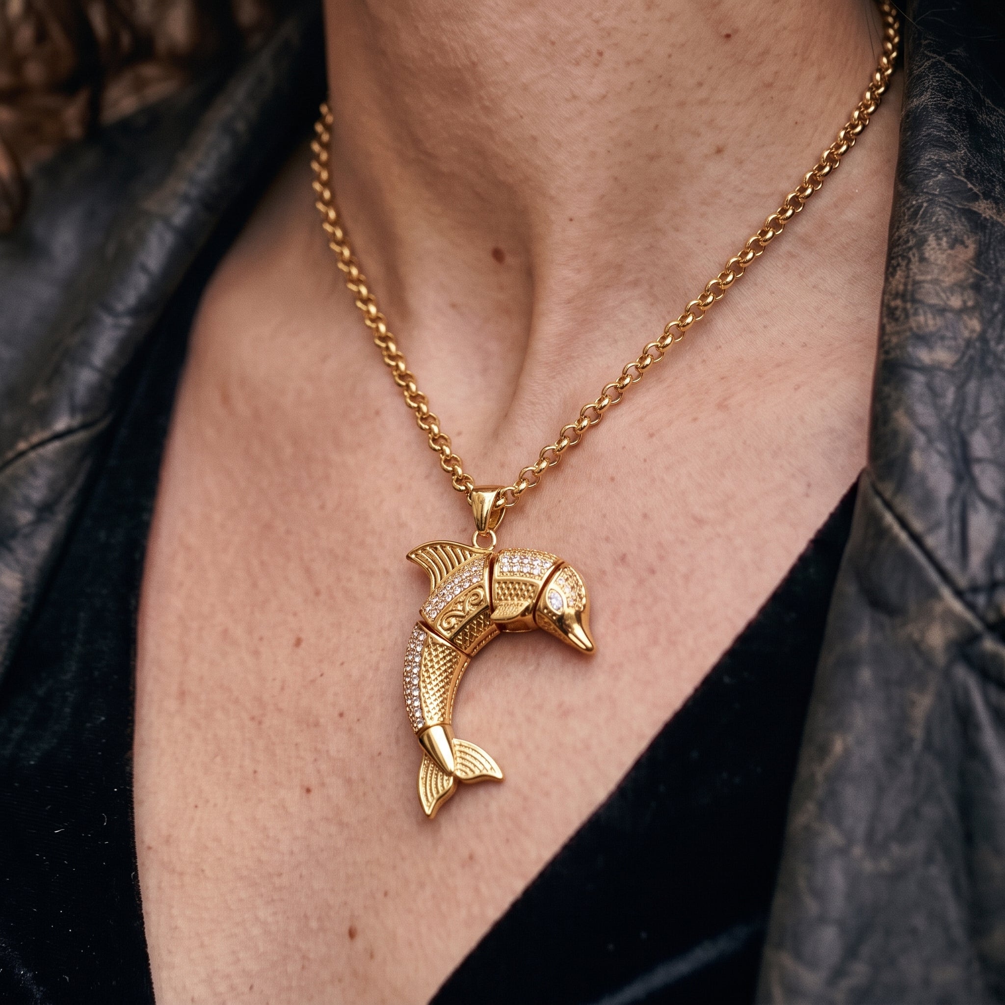 New Gold Dolphin Pendant with Stones on 24-Inch Belcher Chain