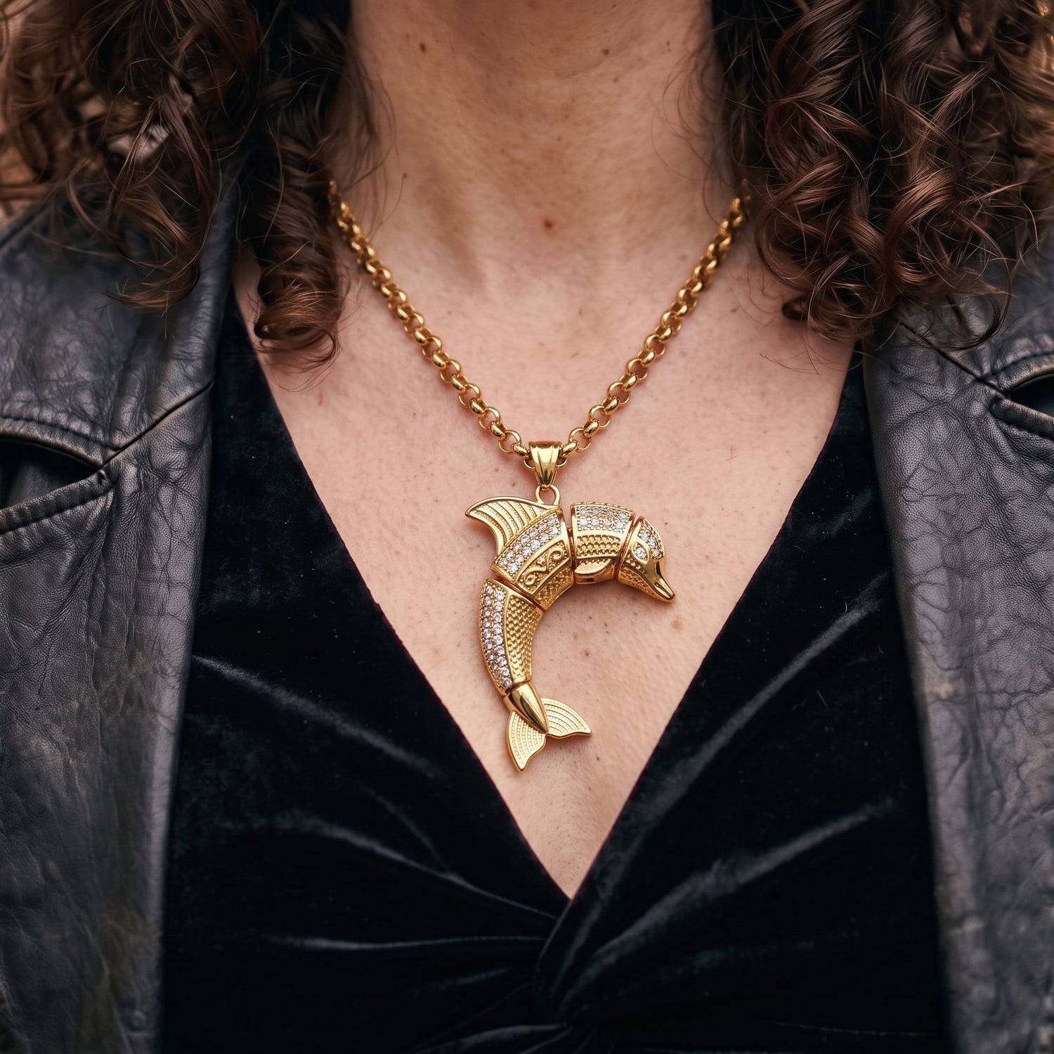 New Gold Dolphin Pendant with Stones on 24-Inch Belcher Chain