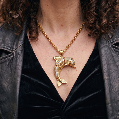 New Gold Dolphin Pendant with Stones on 24-Inch Belcher Chain
