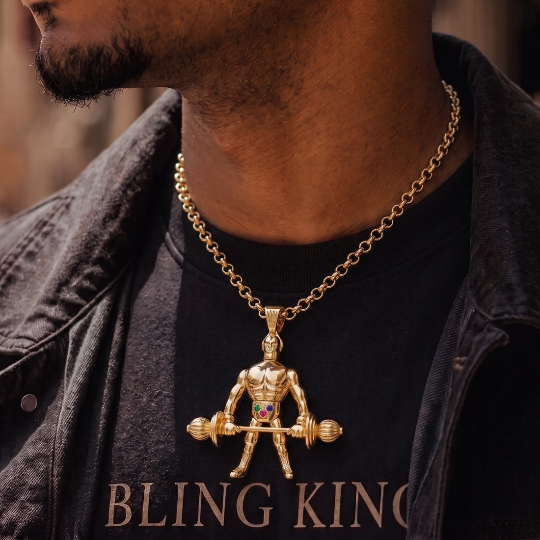Gold Weightlifter Pendant Multi-Stone 22inches