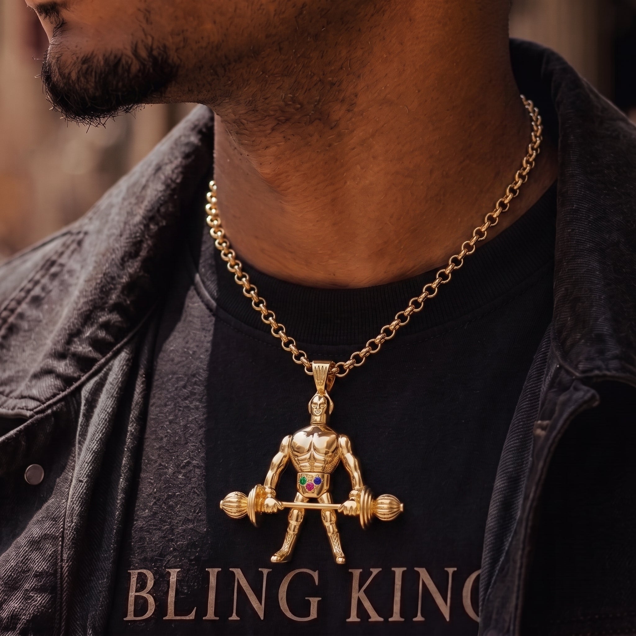 Gold Weightlifter Pendant Multi-Stone 22inches