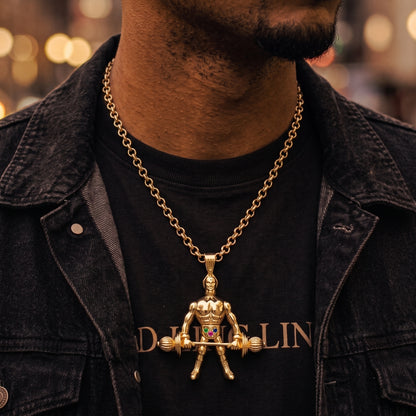 Gold Weightlifter Pendant Multi-Stone 22inches