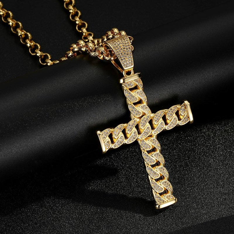 Gold Curb Cuban Cross Pendant 24 Inch 8mm Belcher Chain