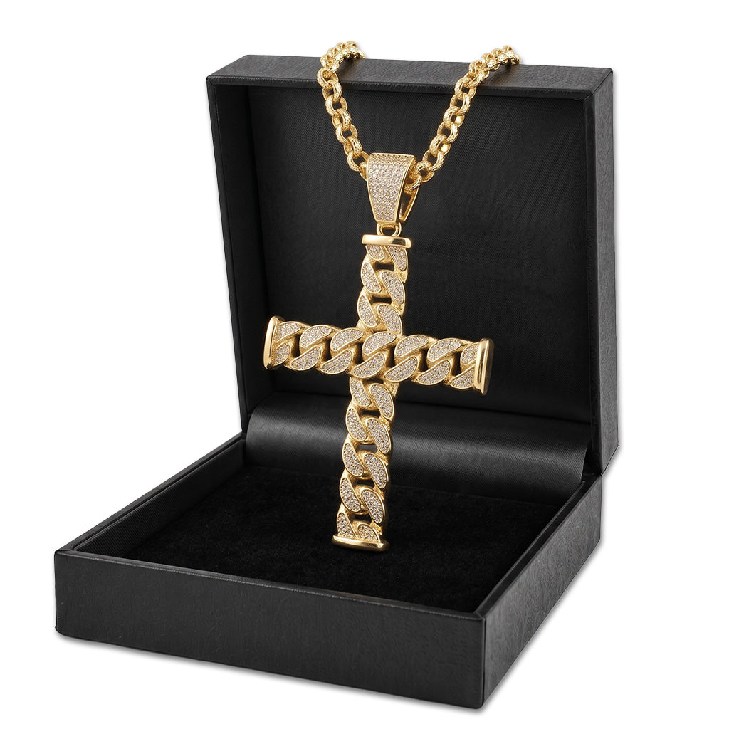 Gold Cross Pendant Necklace with CZ Stones | 22/24 Inch Chain