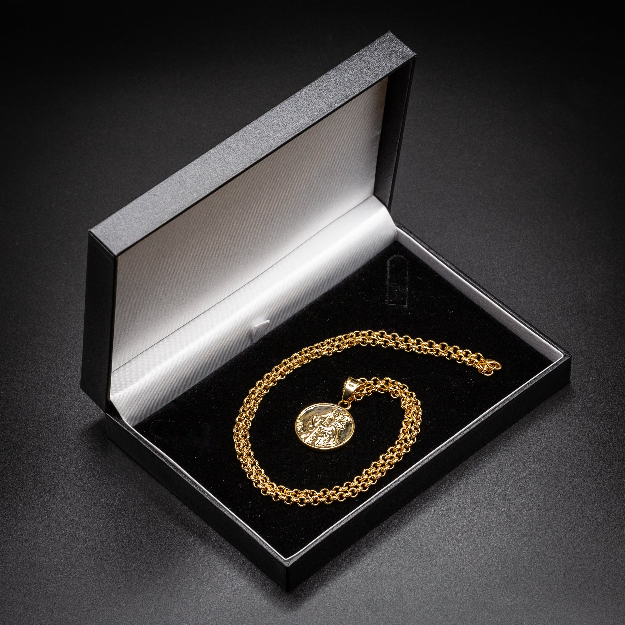 Gold St. Christopher Pendant 22 Inch 4mm Belcher Chain