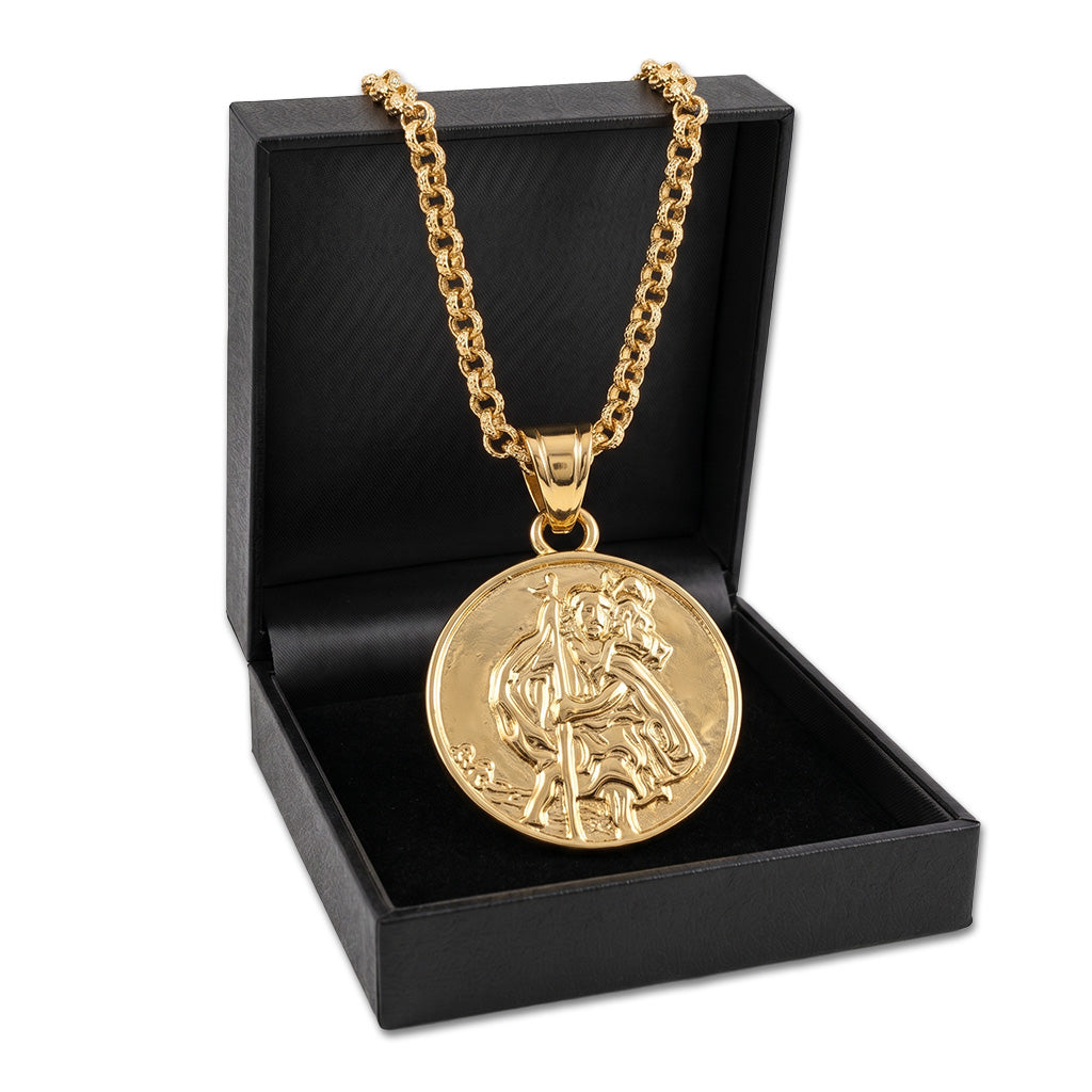 Gold St. Christopher Pendant 22 Inch 4mm Belcher Chain
