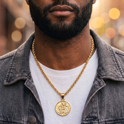 Gold St. Christopher Pendant 22 Inch 4mm Belcher Chain
