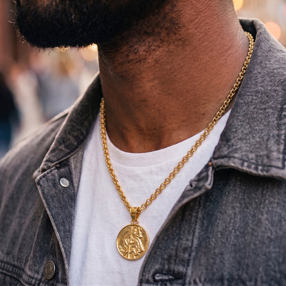 Gold St. Christopher Pendant 22 Inch 4mm Belcher Chain