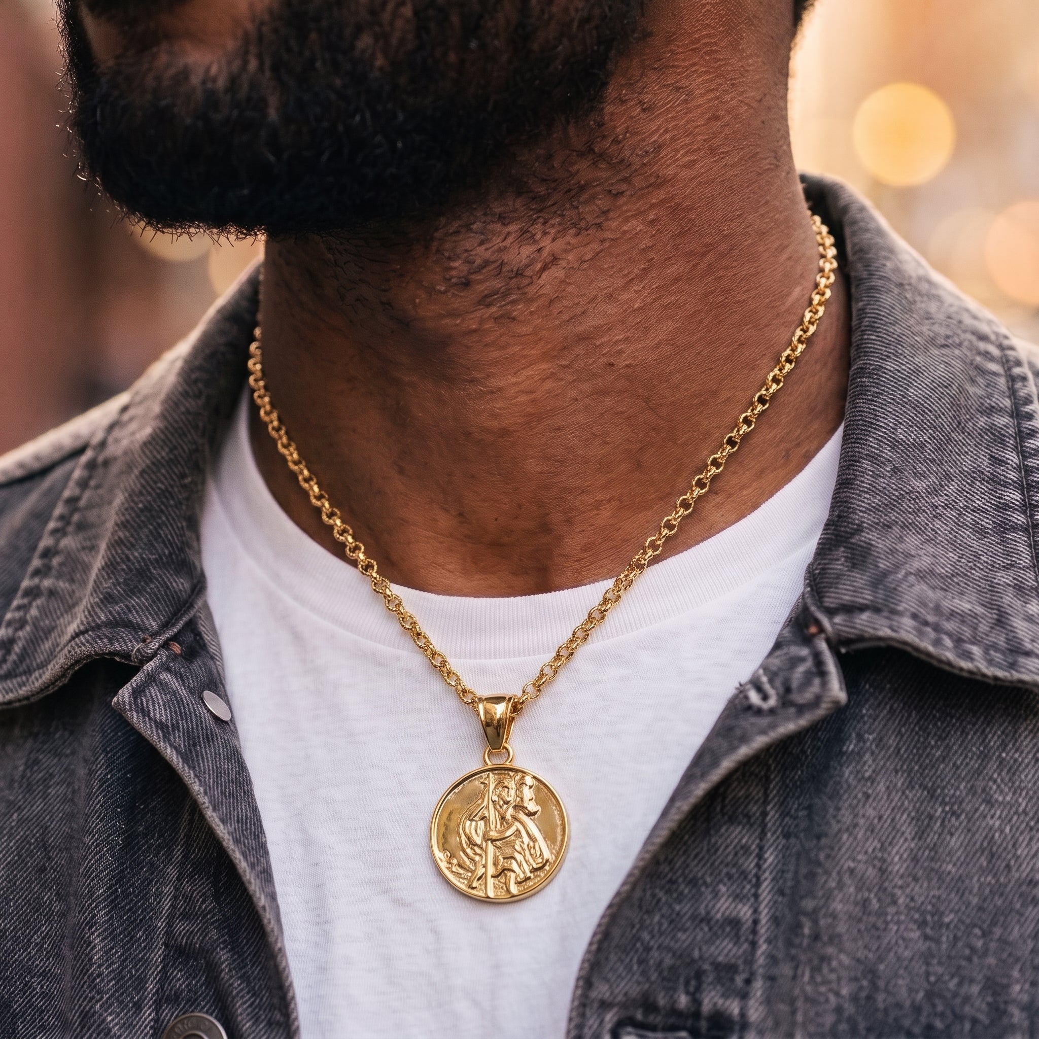 Gold St. Christopher Pendant 22 Inch 4mm Belcher Chain