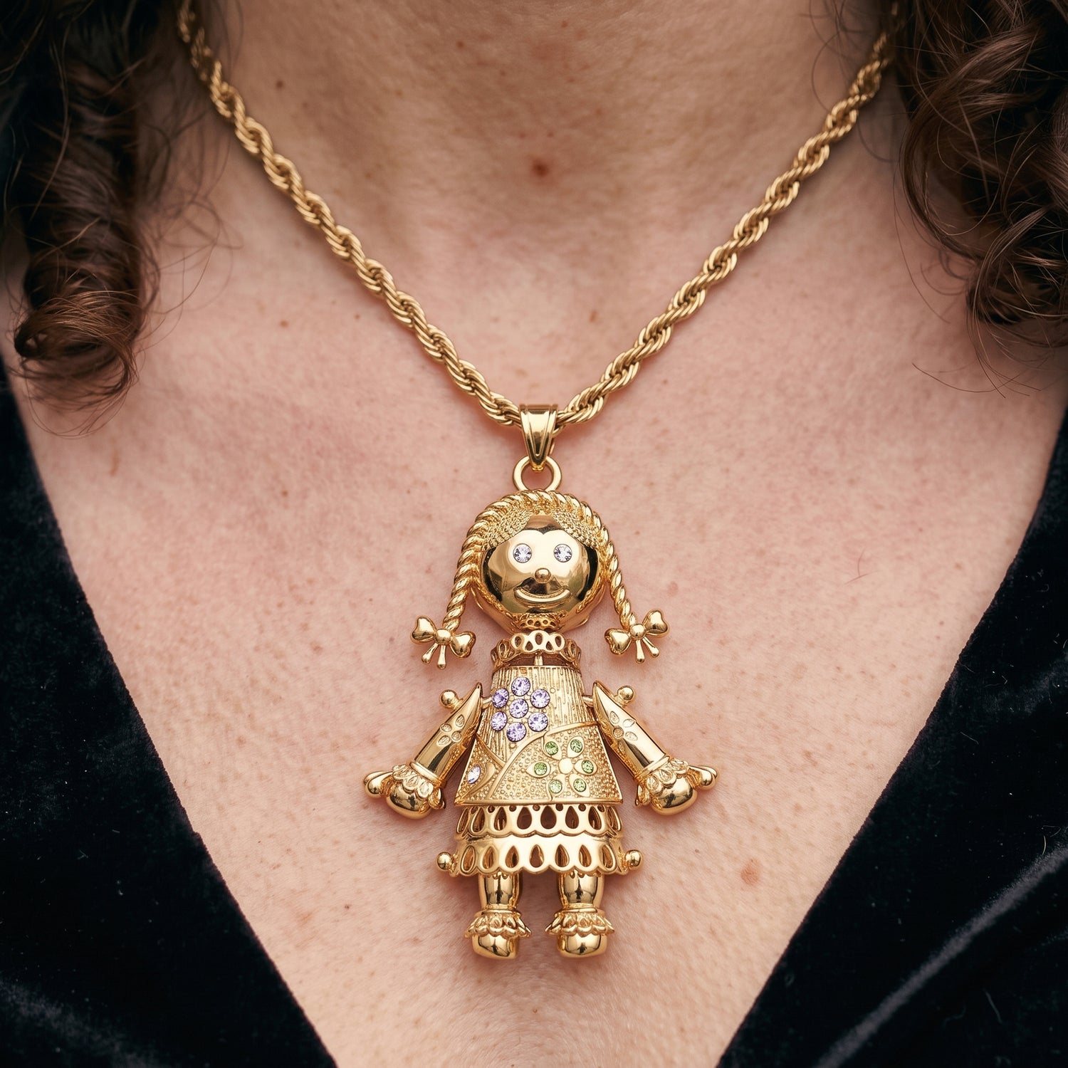 Gold Rag Doll Pendant with Multi Colour Stones 24 Inch Necklace