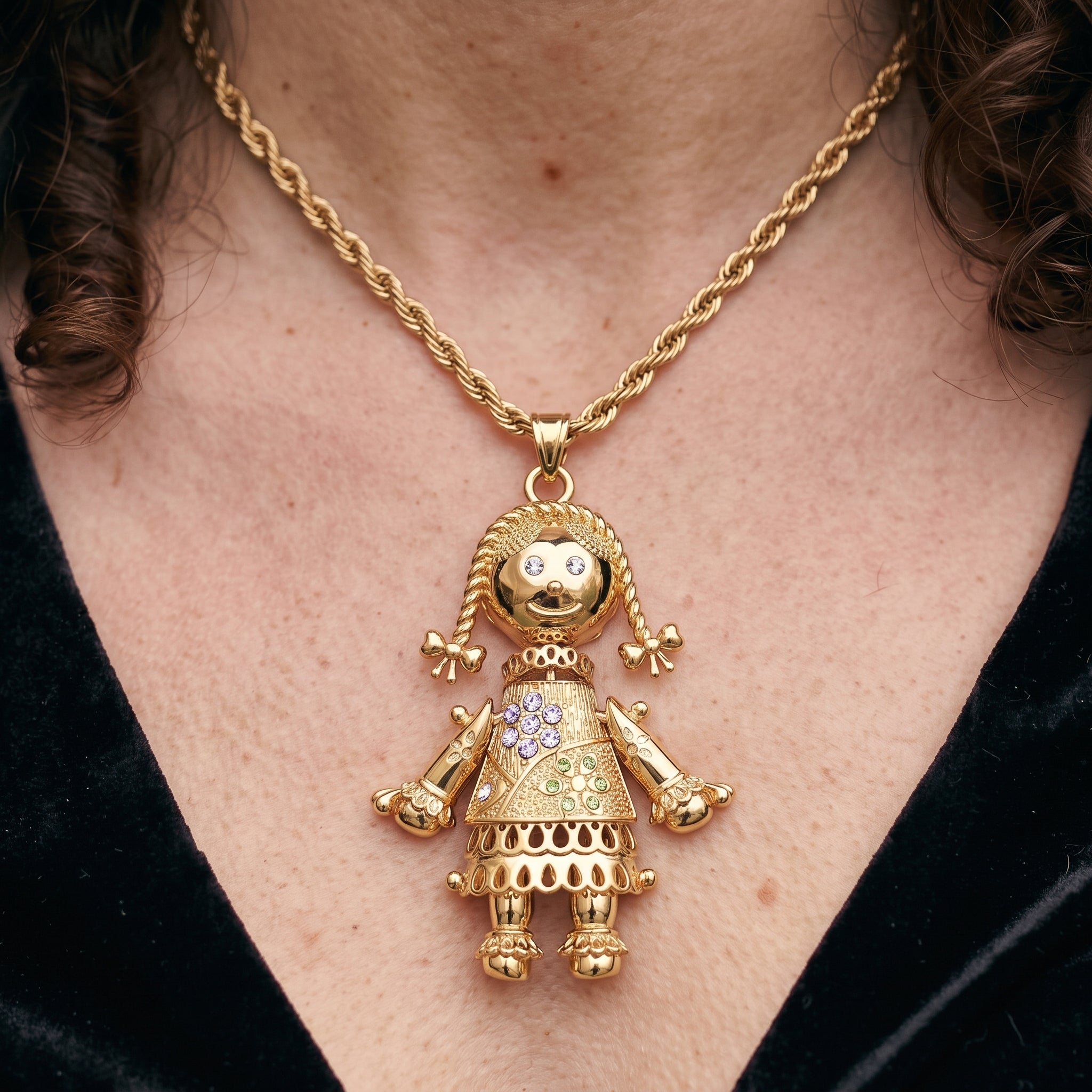 Gold Rag Doll Pendant with Multi Colour Stones 24 Inch Necklace