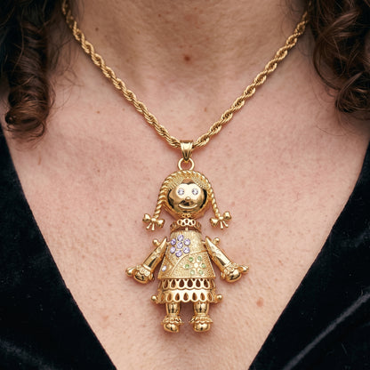 Gold Rag Doll Pendant with Multi Colour Stones 24 Inch Necklace