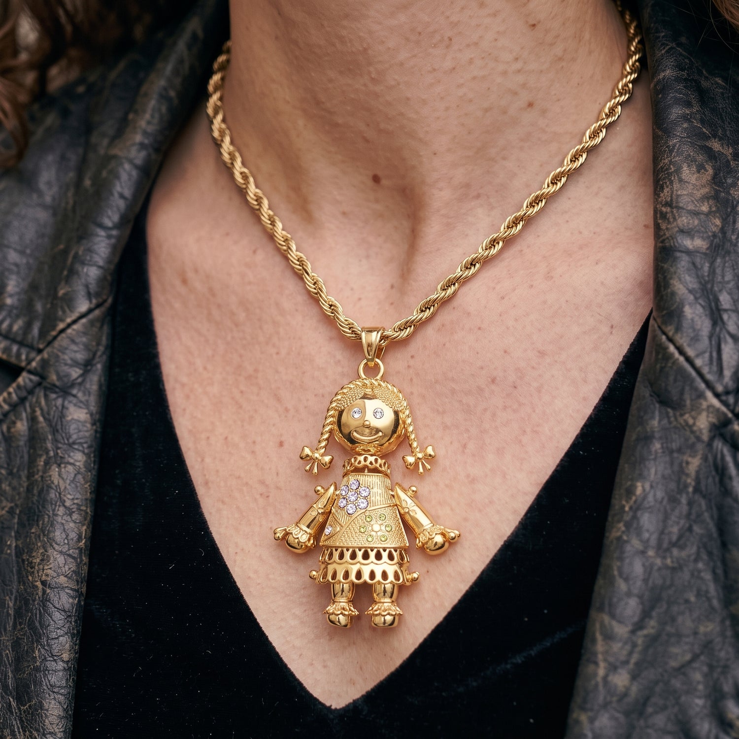 Gold Rag Doll Pendant with Multi Colour Stones 24 Inch Necklace