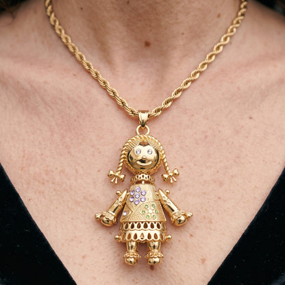 Gold Rag Doll Pendant with Multi Colour Stones 24 Inch Necklace