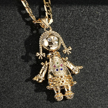 Gold 3D Rag Doll Pendant with Multi-Colored Stones and Gold Filled Cuban Chain