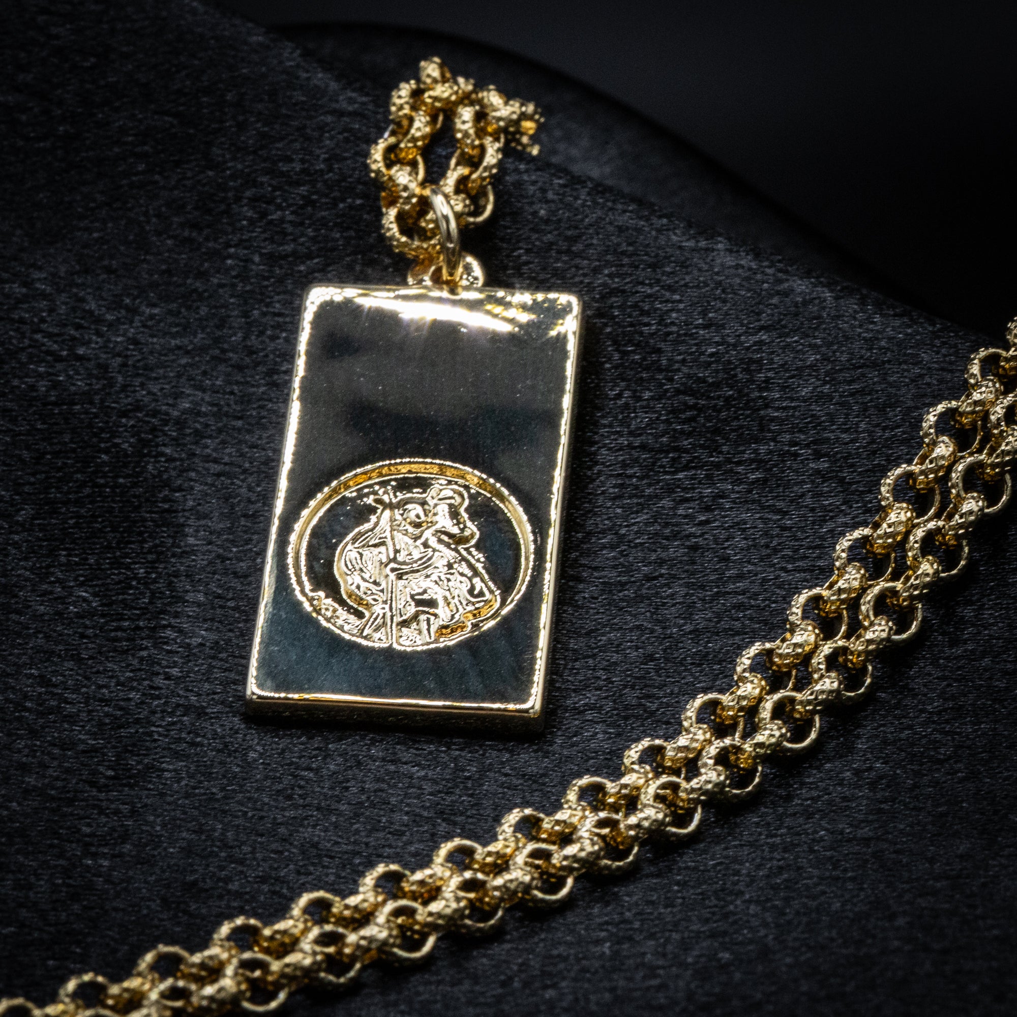Gold St Christopher Ingot Bar Pendant 22 Inches