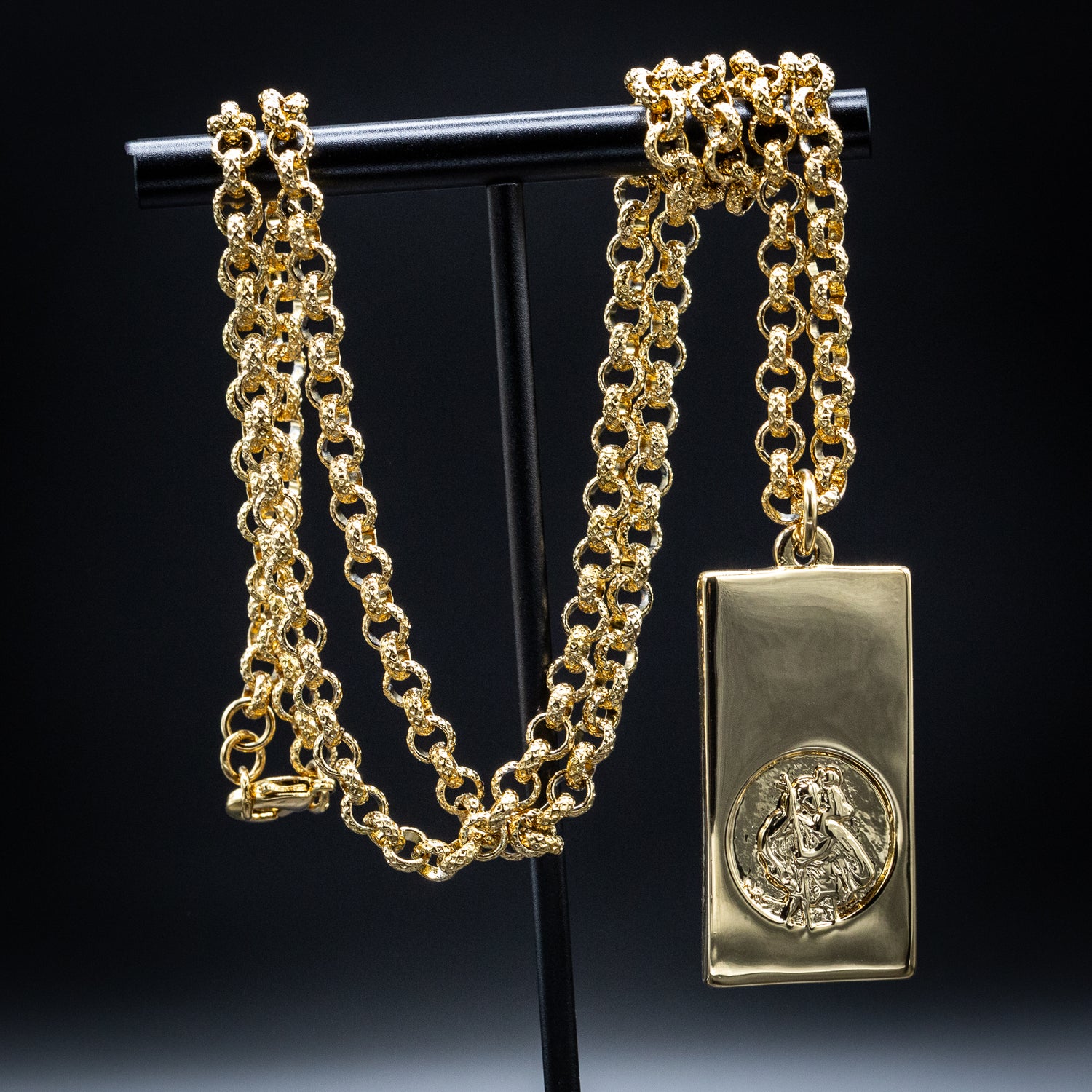 Gold St Christopher Ingot Bar Pendant 22 Inches
