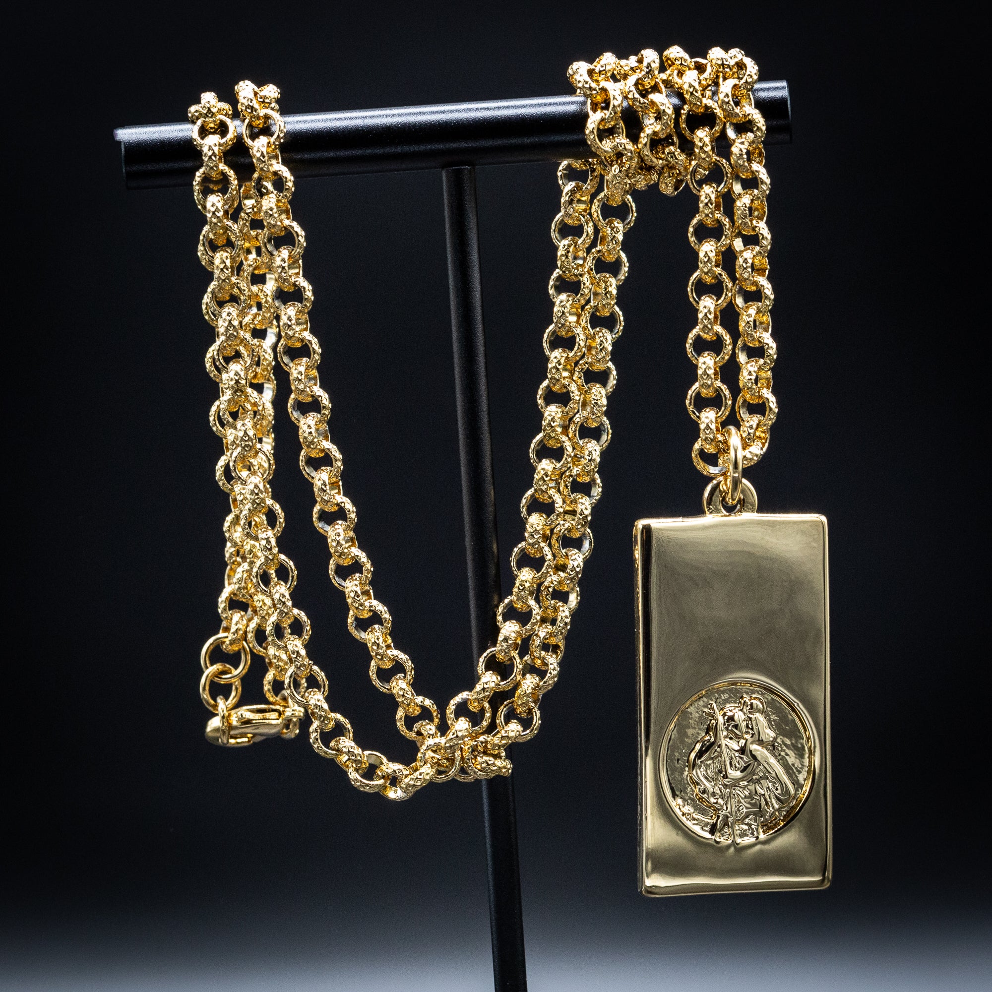 Gold St Christopher Ingot Bar Pendant 22 Inches