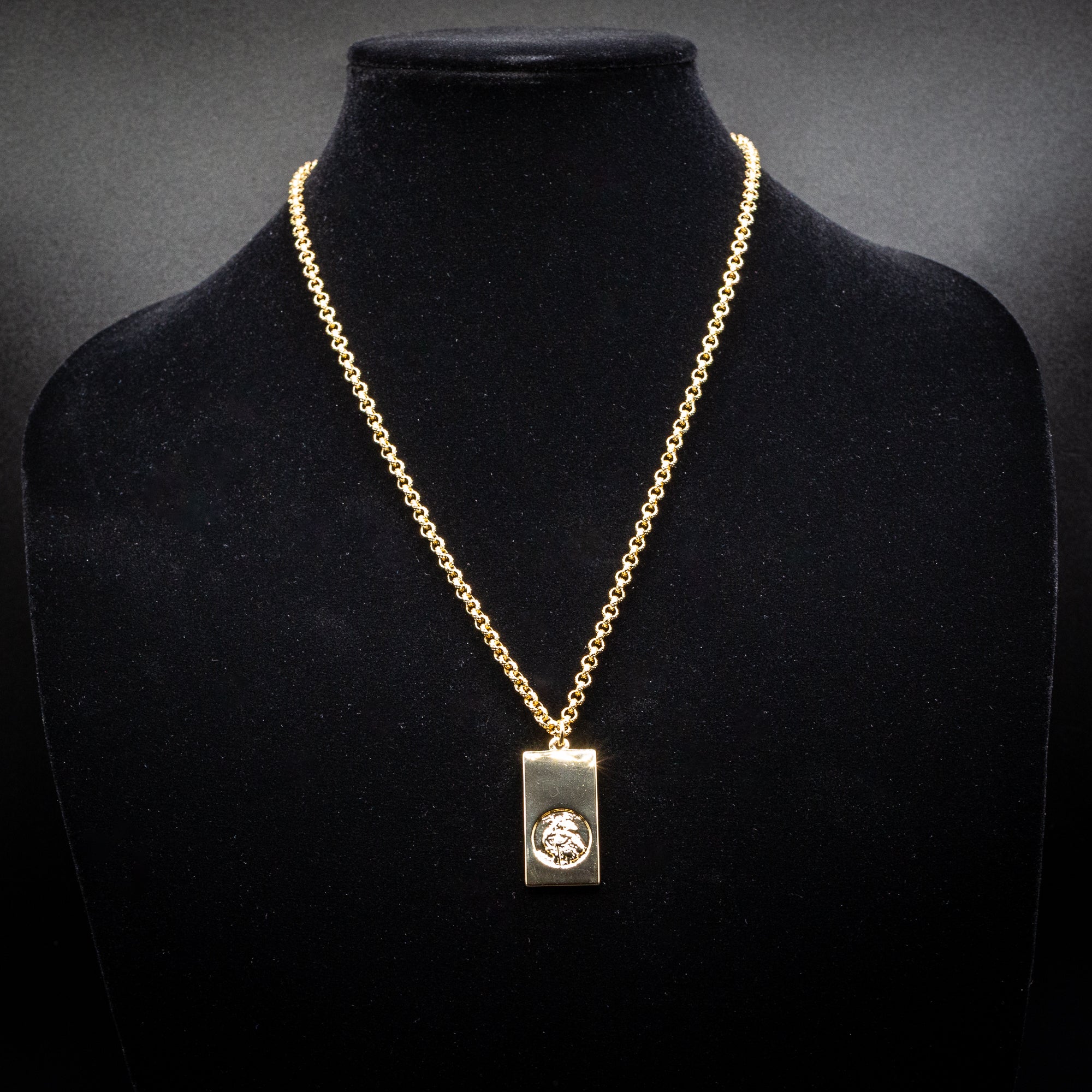 Gold St Christopher Ingot Bar Pendant 22 Inches