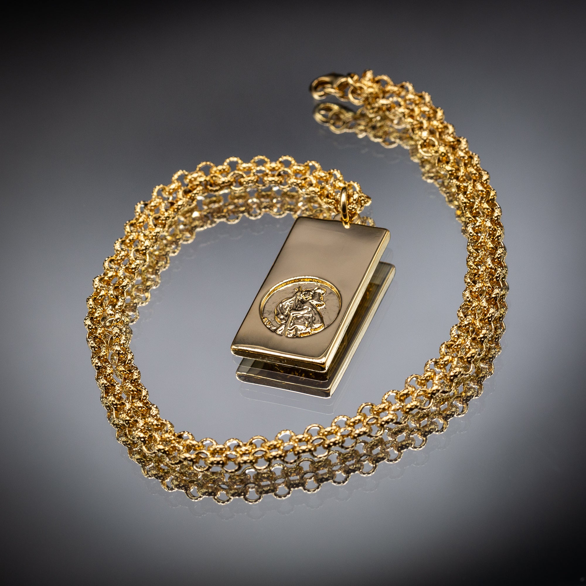 Gold St Christopher Ingot Bar Pendant 22 Inches