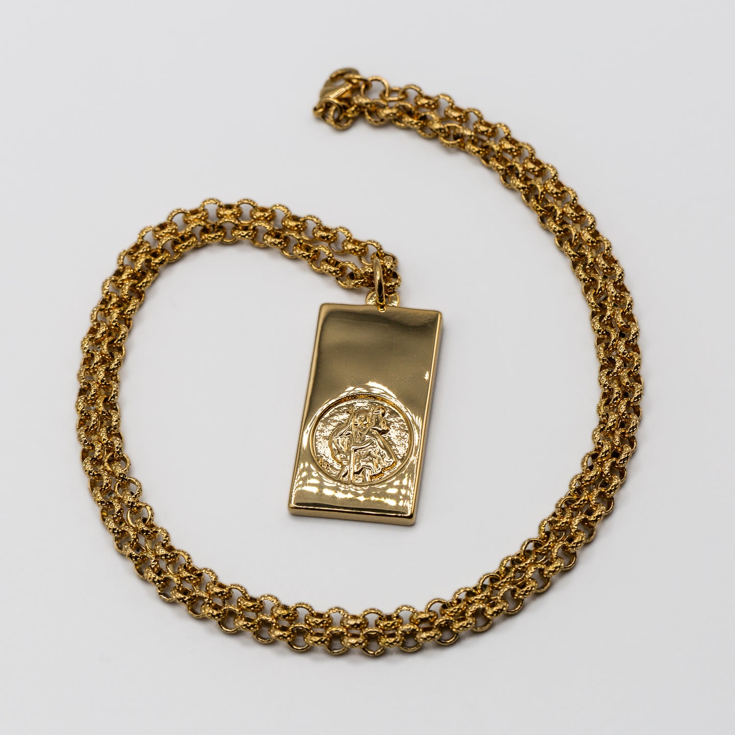 Gold St Christopher Ingot Bar Pendant 22 Inches