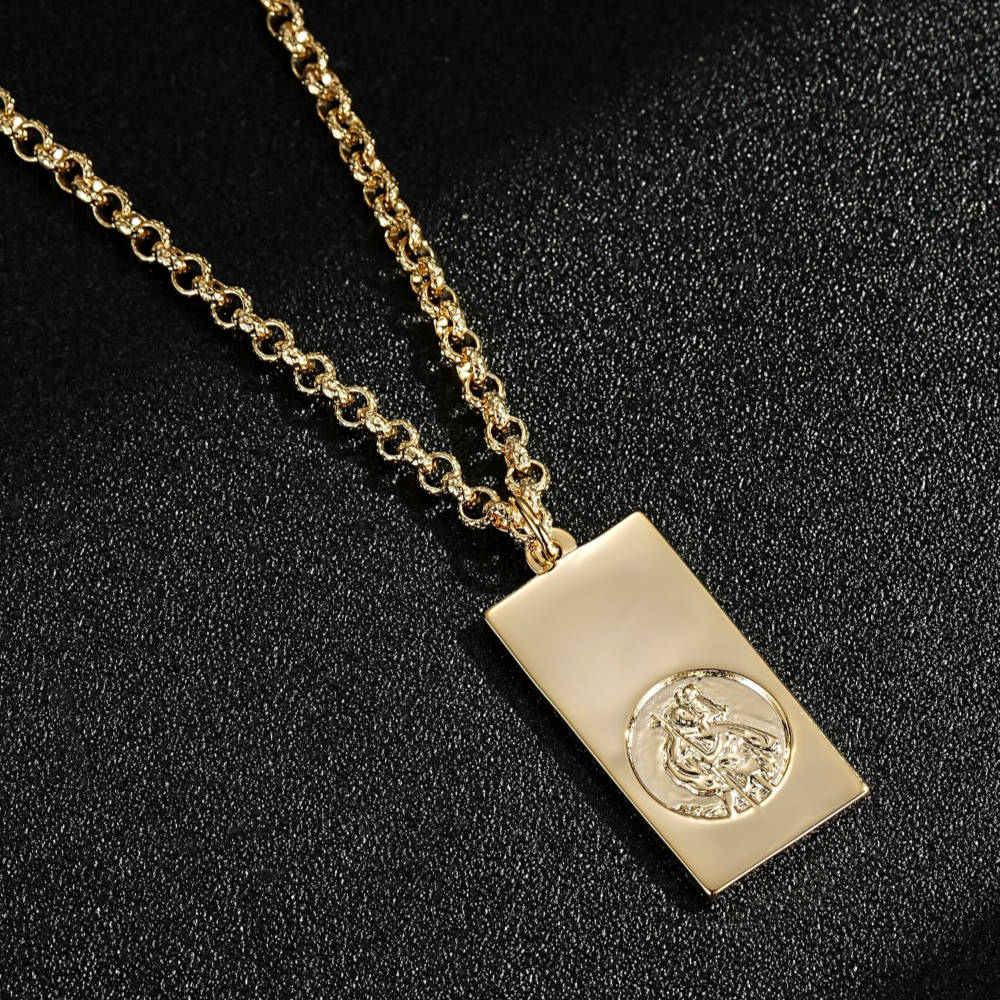 Premium Gold St. Christopher Ingot Bar Pendant with Gold Chain