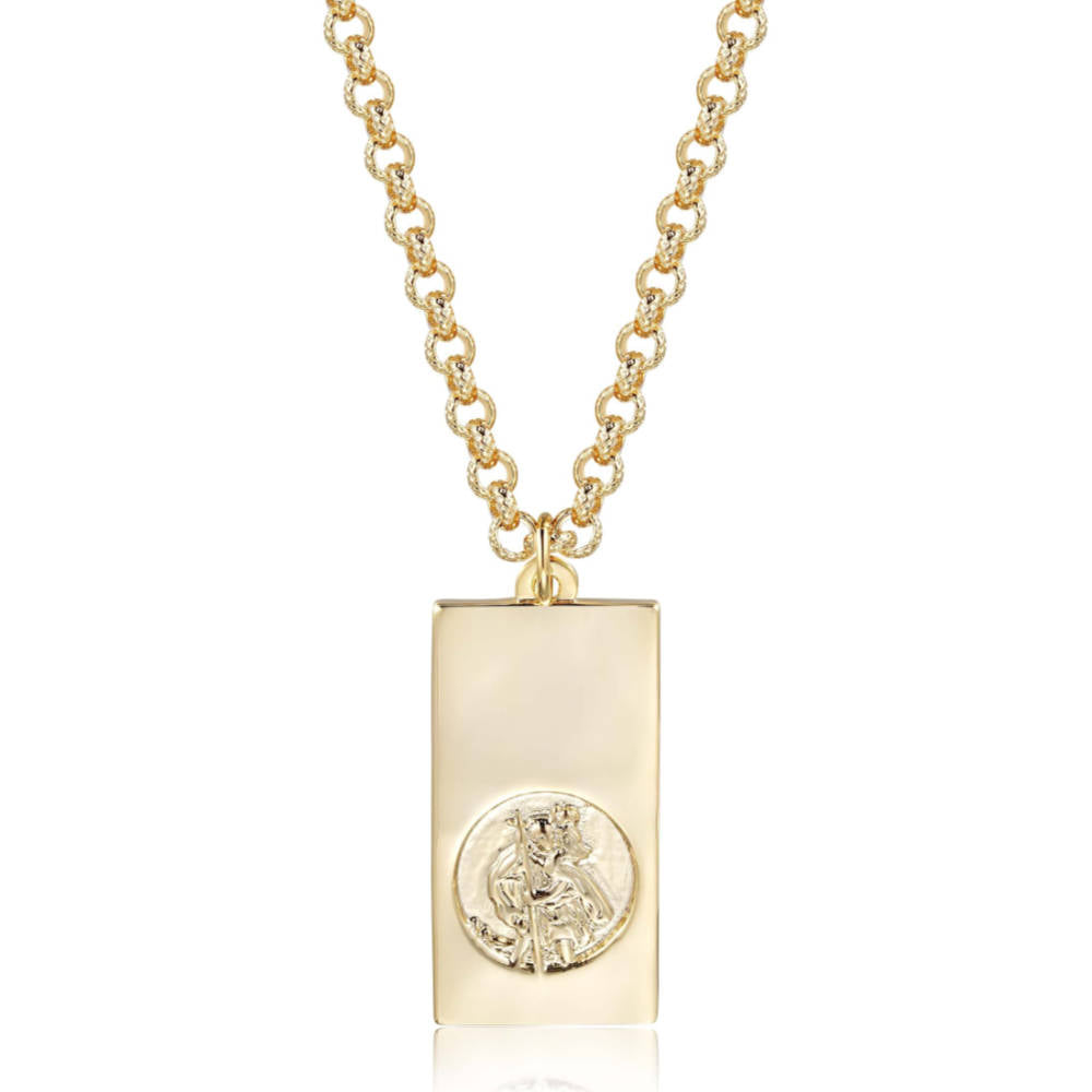 Person wearing Gold St. Christopher Ingot Bar Pendant Necklace