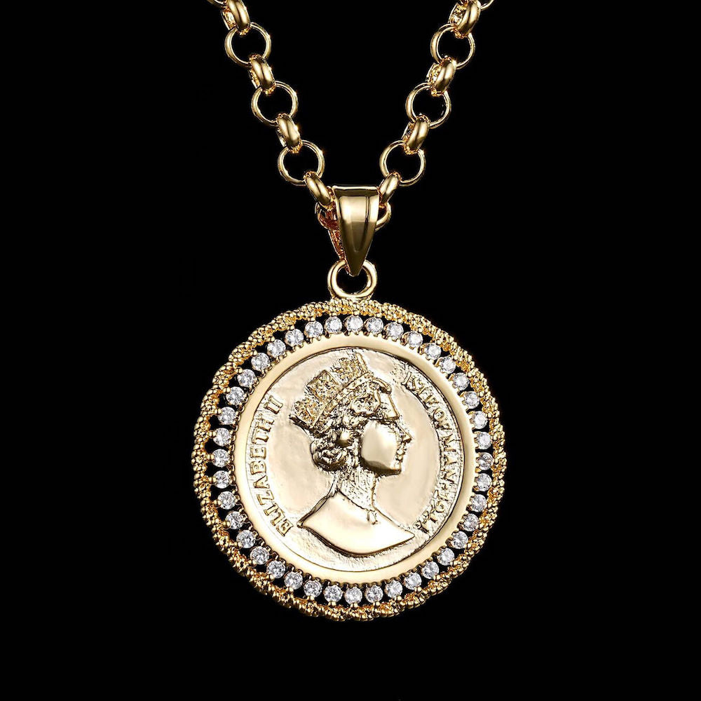 Gold Queen Elizabeth Coin Pendant with Multi-Color Stones