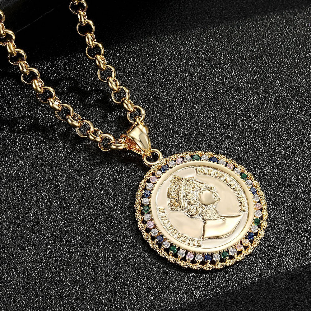 Gold Queen Elizabeth Coin Pendant with Multi-Color Stones