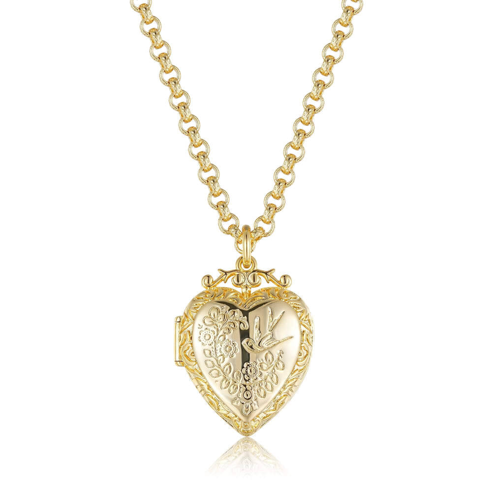 New Gold &amp; Bonded Heart Locket with Birds and Flowers
