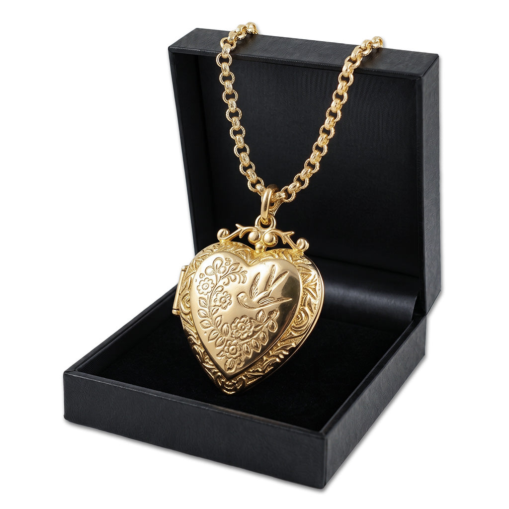 New Gold &amp; Bonded Heart Locket with Birds and Flowers