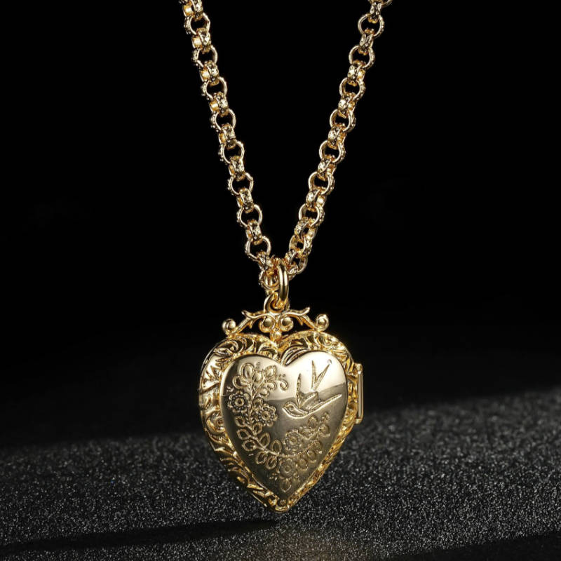 Premium Gold Heart Locket with Bird and Flowers and Gold Filled Belcher Chain