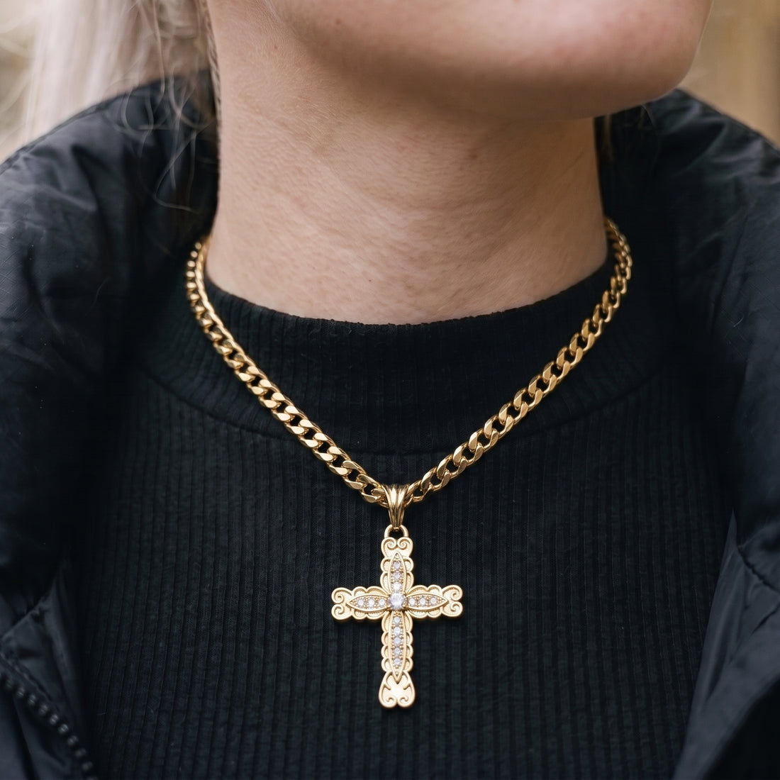 Gold Ornate Cross Pendant Necklace