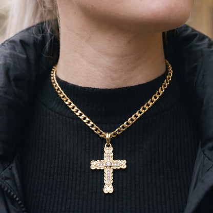 Gold Ornate Cross Pendant Necklace