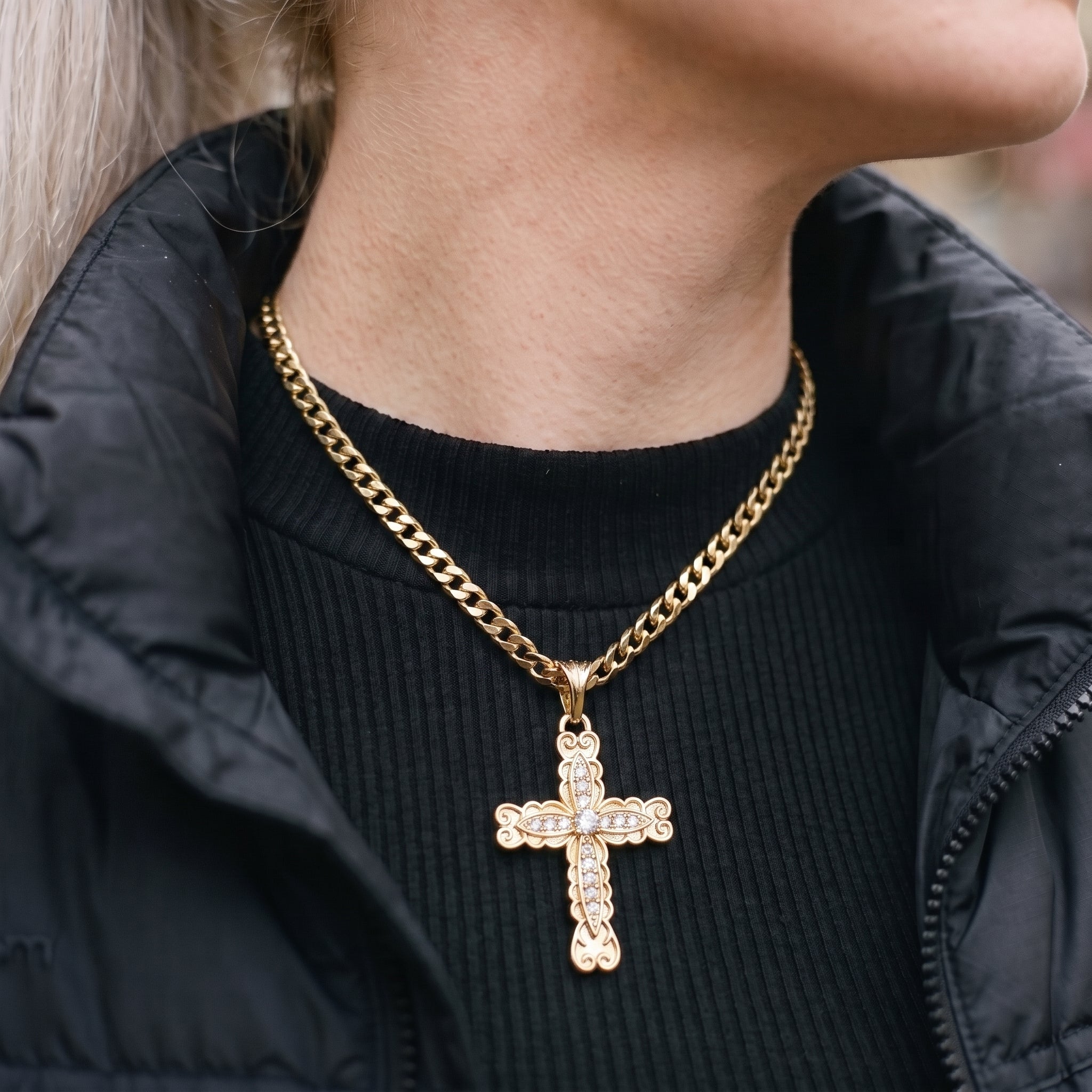 Gold Ornate Cross Pendant Necklace